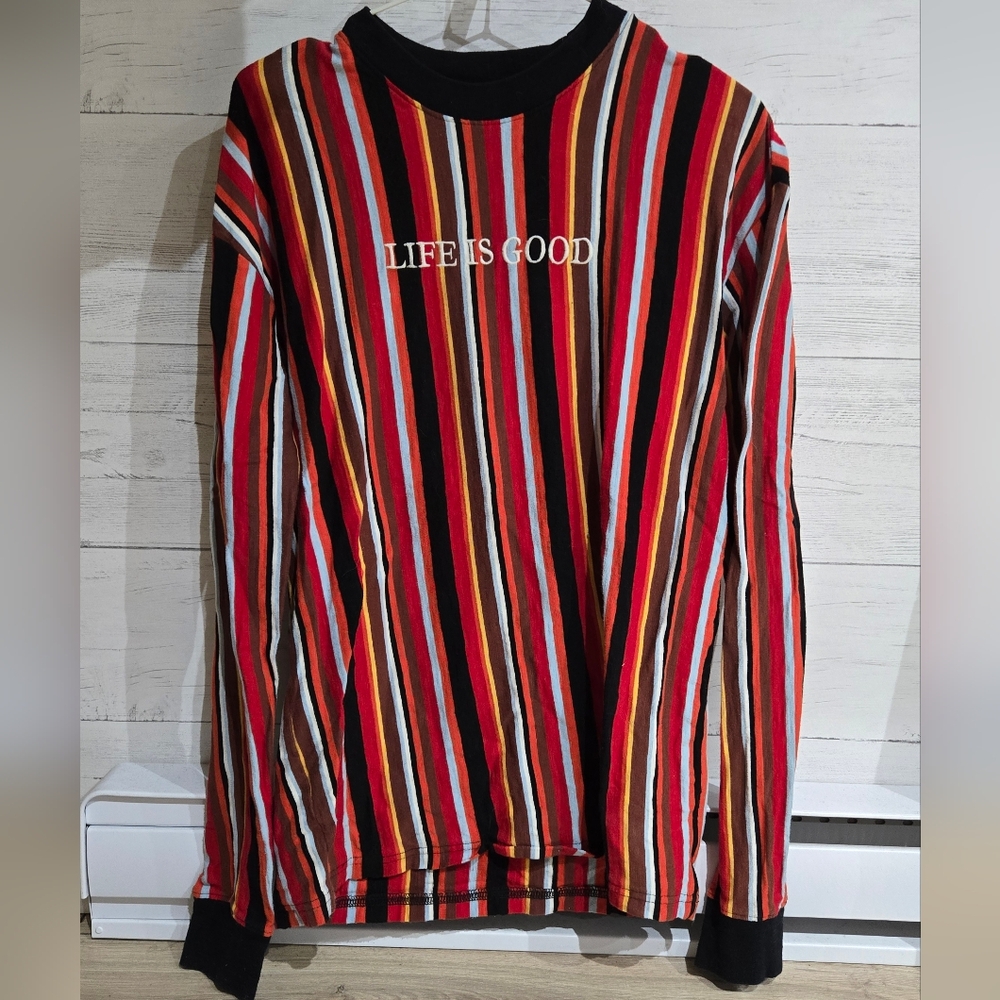 Striped Long Sleeve Shirt with 'Life is Good' Text